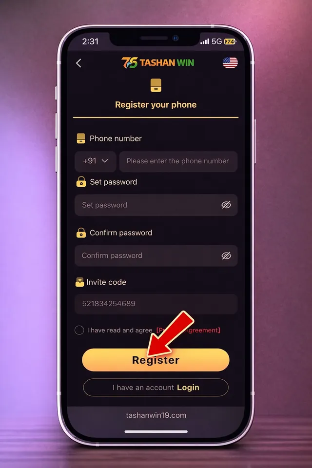 Tashanwin register screen